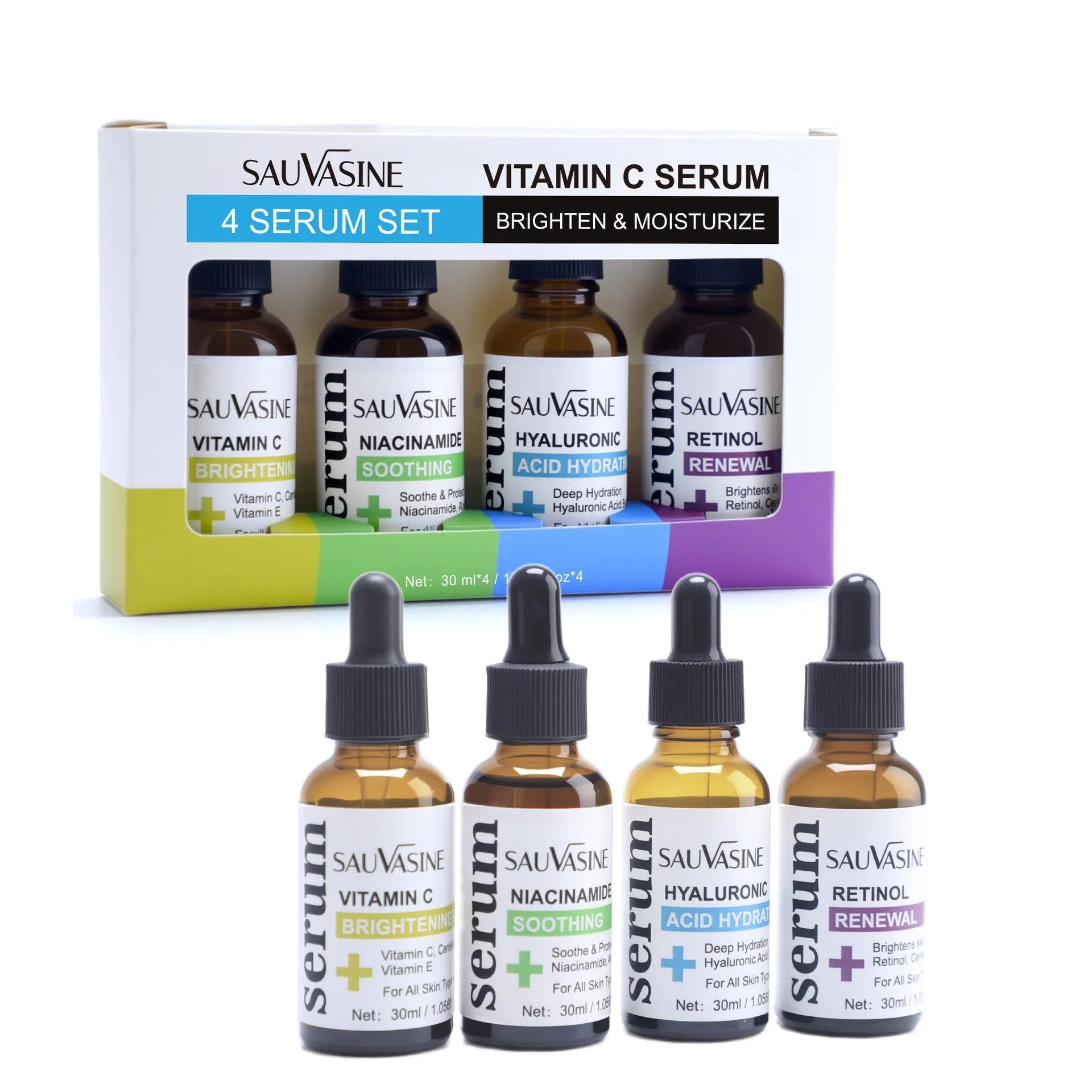 Vitamin C skincare set showing four 30ml bottles including cleanser, toner, serum and moisturiser