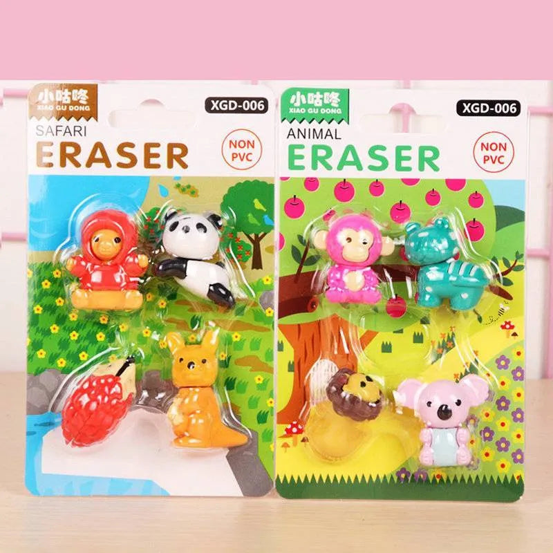Set of 24 mini erasers with military, vehicle, dinosaur, castle, animal, and fantasy designs in TPR material