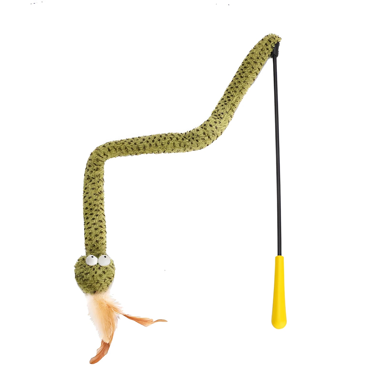 Green cat teasing wand with feather attachment on 140 cm pole