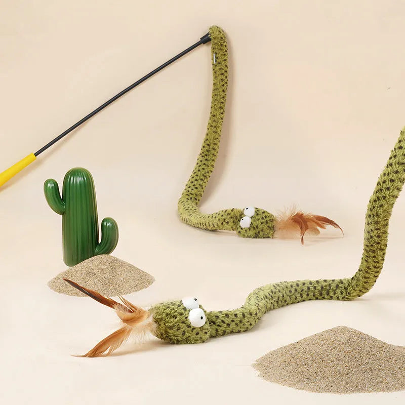 Green cat teasing wand with feather attachment on 140 cm pole