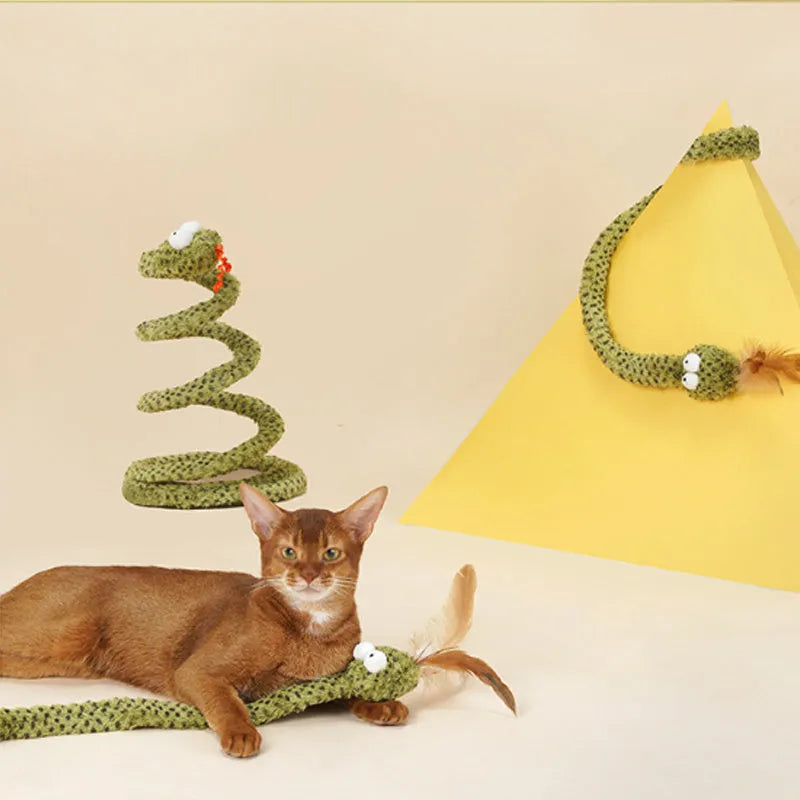 Green cat teasing wand with feather attachment on 140 cm pole