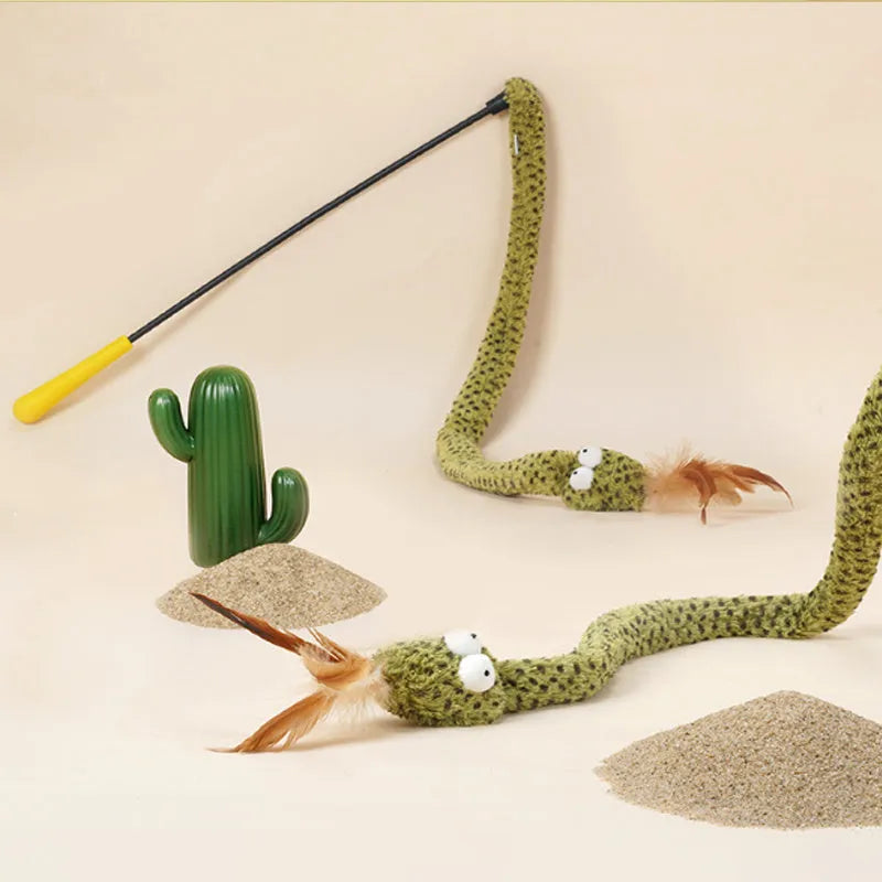 Green cat teasing wand with feather attachment on 140 cm pole
