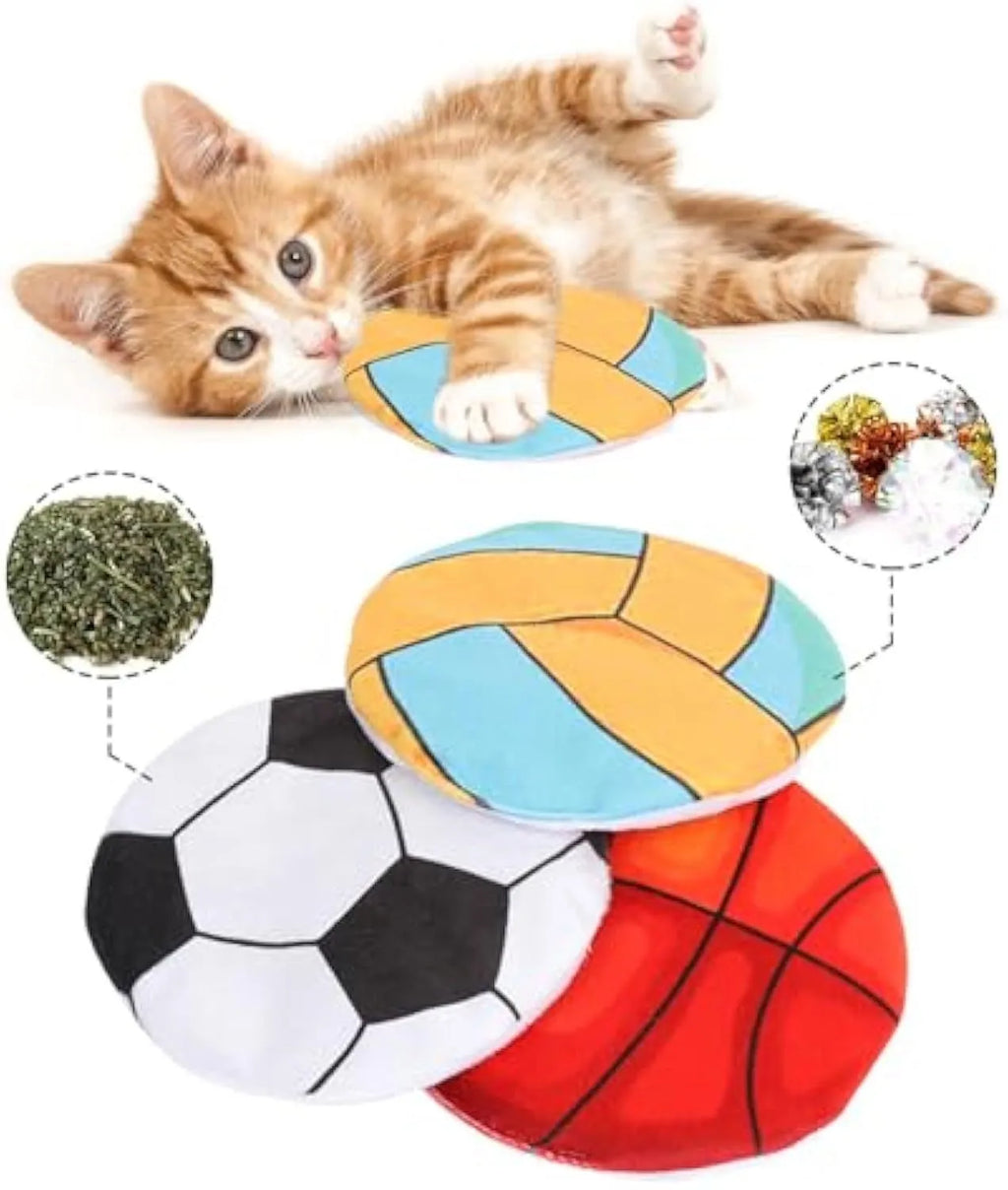 Plush cat flying disc toy with sports ball pattern containing catnip and crinkle sounds