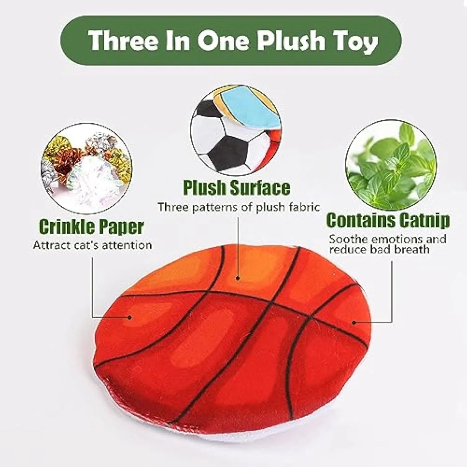 Plush cat flying disc toy with sports ball pattern containing catnip and crinkle sounds