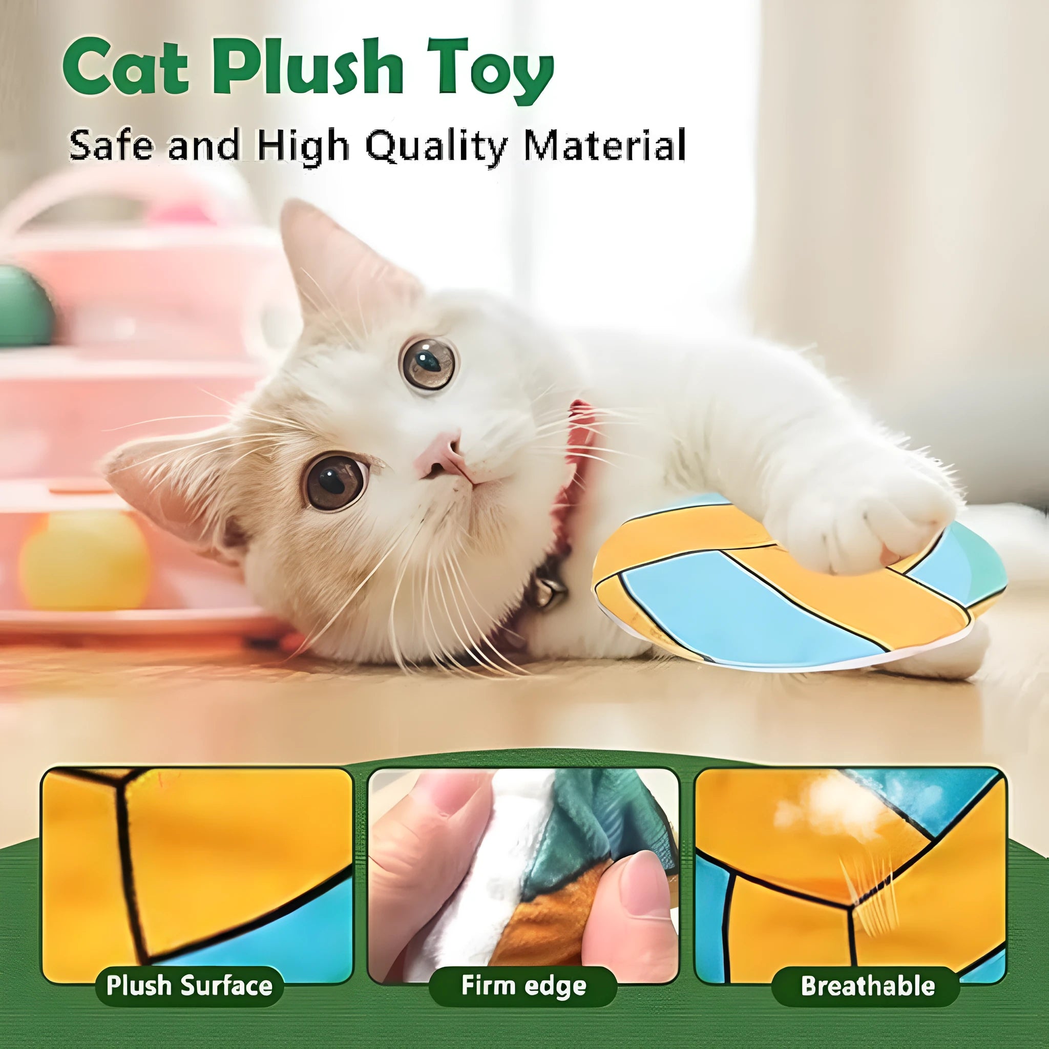 Plush cat flying disc toy with sports ball pattern containing catnip and crinkle sounds