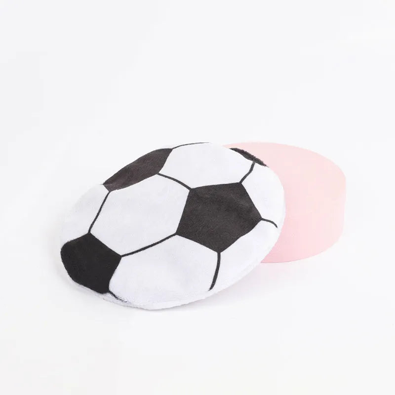 Plush cat flying disc toy with sports ball pattern containing catnip and crinkle sounds