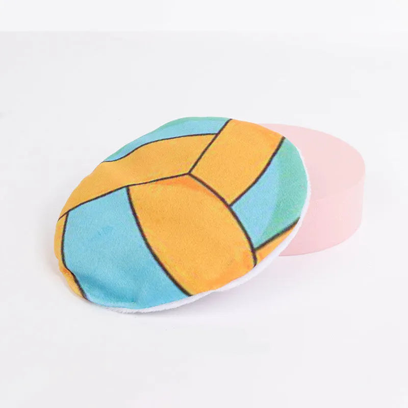 Plush cat flying disc toy with sports ball pattern containing catnip and crinkle sounds