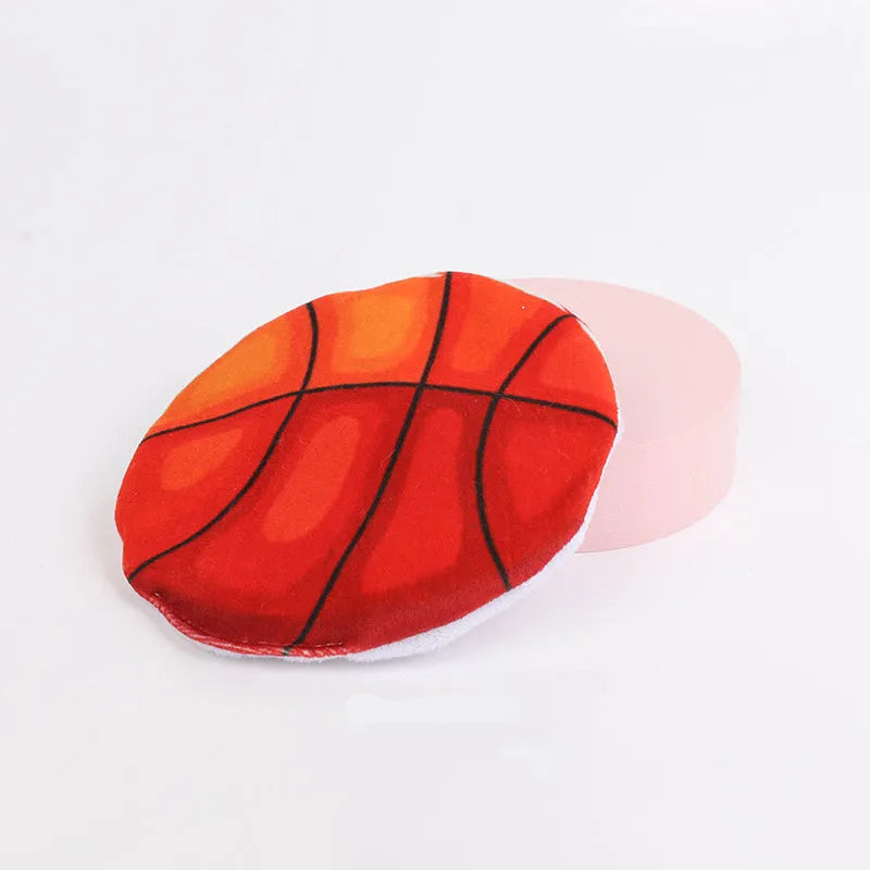 Plush cat flying disc toy with sports ball pattern containing catnip and crinkle sounds