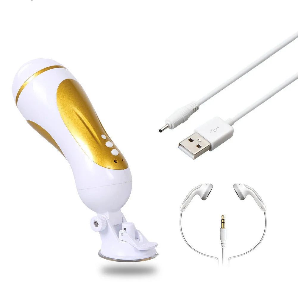 White electric masturbator cup for men with silicone sleeve and USB charging cable, hands-free design