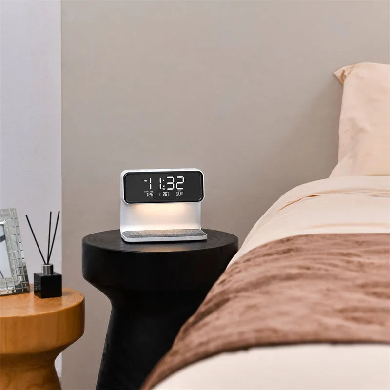 White 3-in-1 bedside lamp with wireless charging pad, LCD display, and ABS lampshade