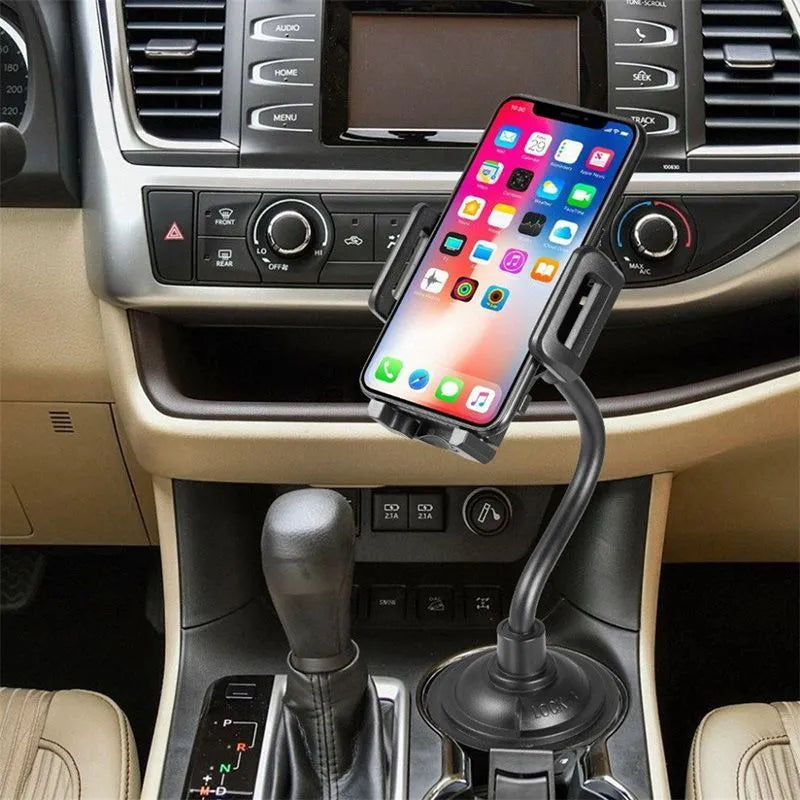 Black universal car phone mounting bracket with adjustable side handles, shown with suction cup and clip hook attachments