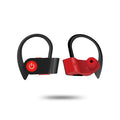 Black, grey, and red V5.0 Bluetooth wireless earphones with an ergonomic in-ear design.