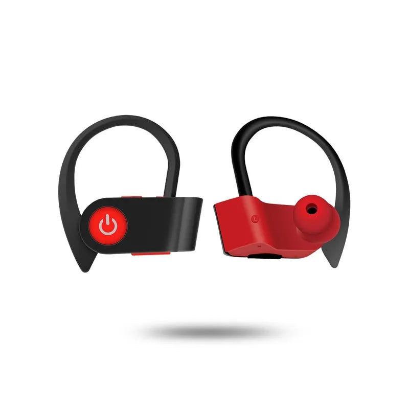 Black, grey, and red V5.0 Bluetooth wireless earphones with an ergonomic in-ear design.