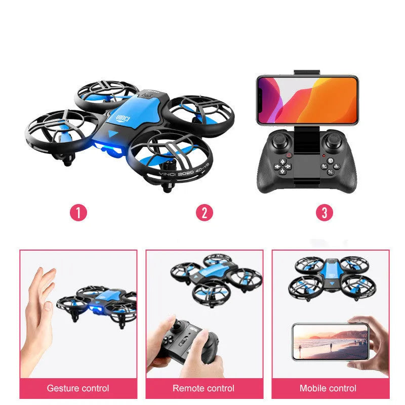 Blue V8 mini RC drone quadcopter with camera, remote control, and charging accessories