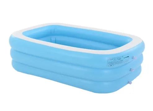 Blue and white rectangular inflatable PVC swimming pool 150cm by 110cm by 50cm for outdoor garden use