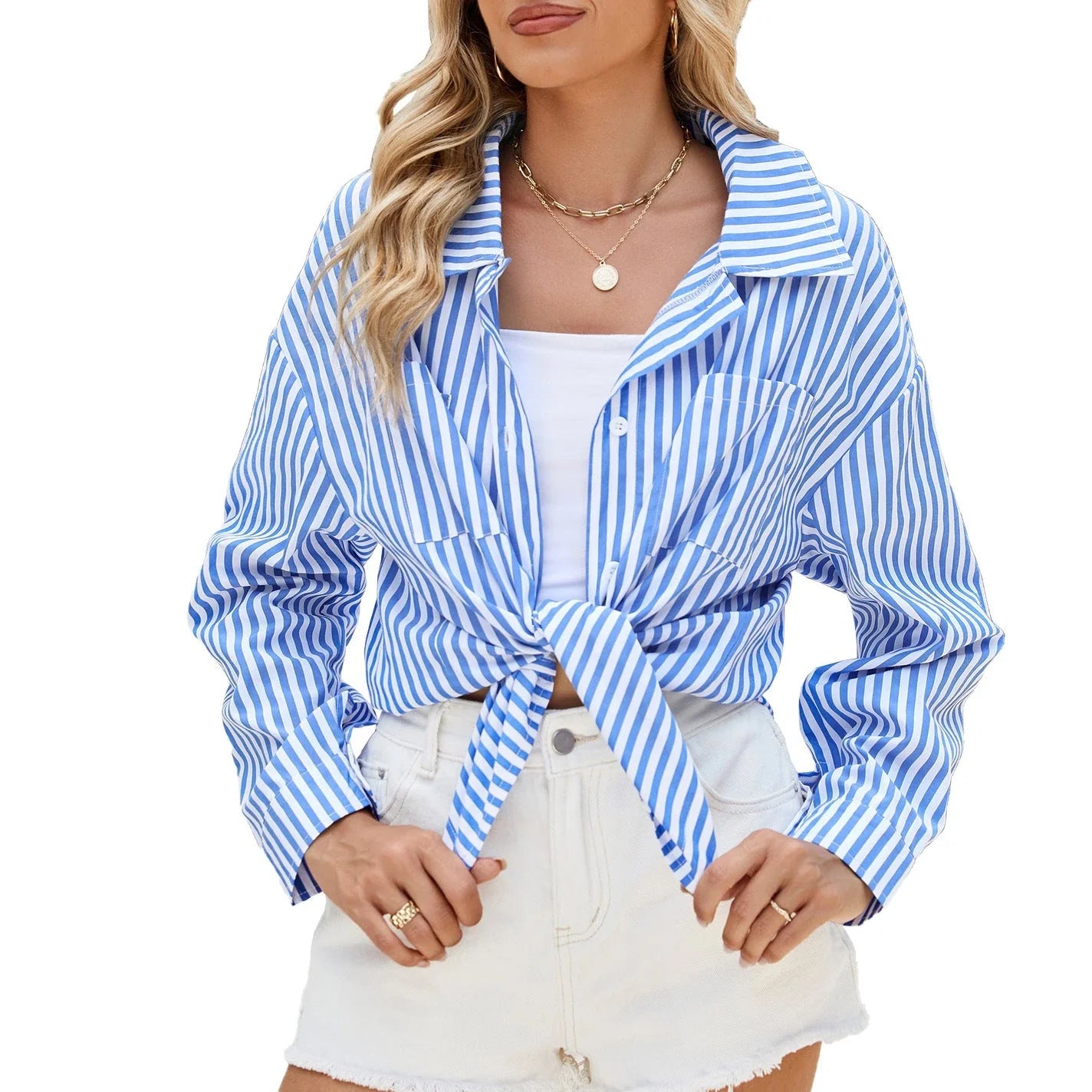 A stylish striped button-up shirt with functional pockets, designed for comfortable and casual everyday wear.