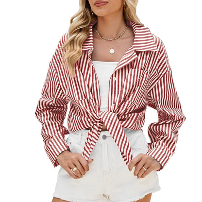 A stylish striped button-up shirt with functional pockets, designed for comfortable and casual everyday wear.