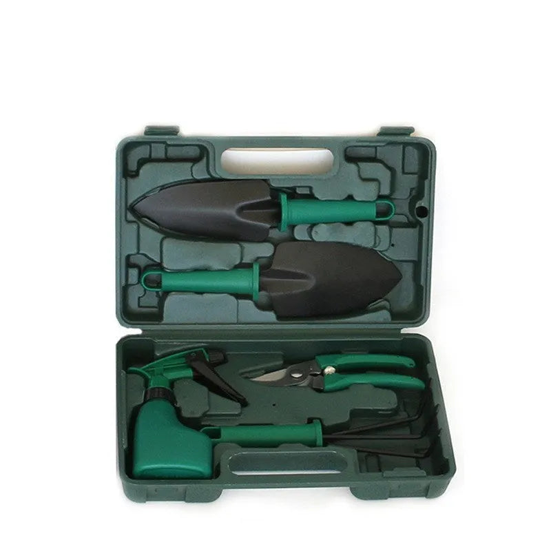 Stainless steel soil loosening shovel planting tool set in gardening green, available as 5-piece or 10-piece set