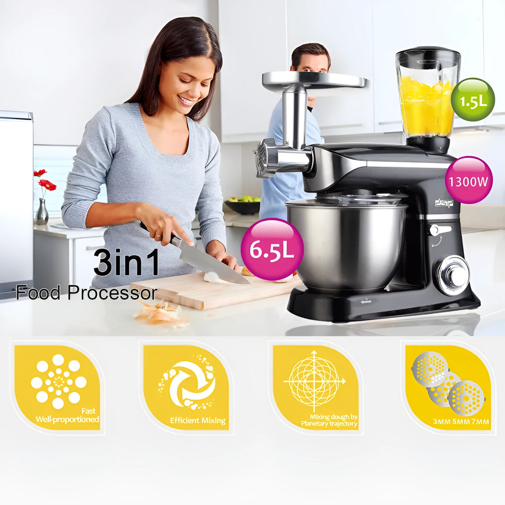 Black three-in-one household kitchen machine with juicer, dough mixer, and meat mincer functions on countertop