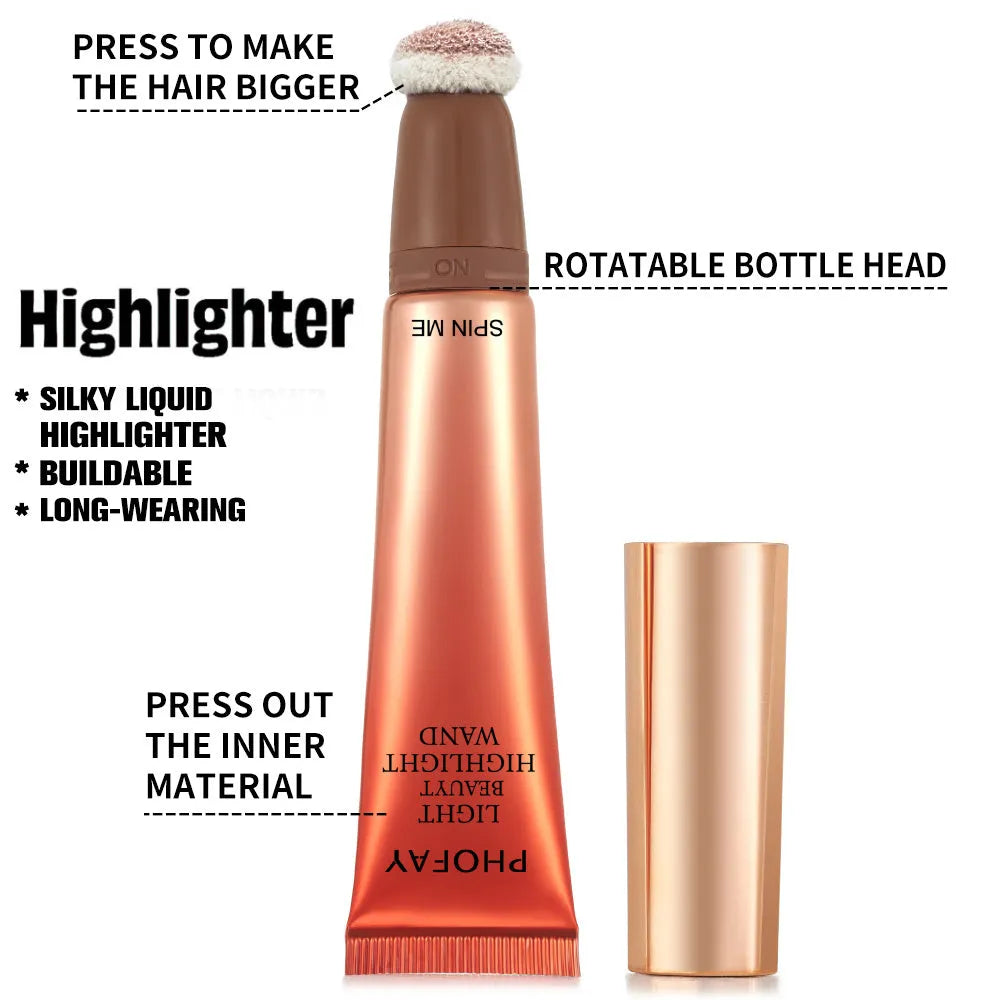 PHOFAY highlighter wand 15 ml liquid illuminator with twist-open sponge applicator silky shiny finish