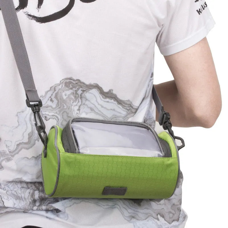 Rainproof bicycle handlebar bag in black with transparent phone window, 22cm length