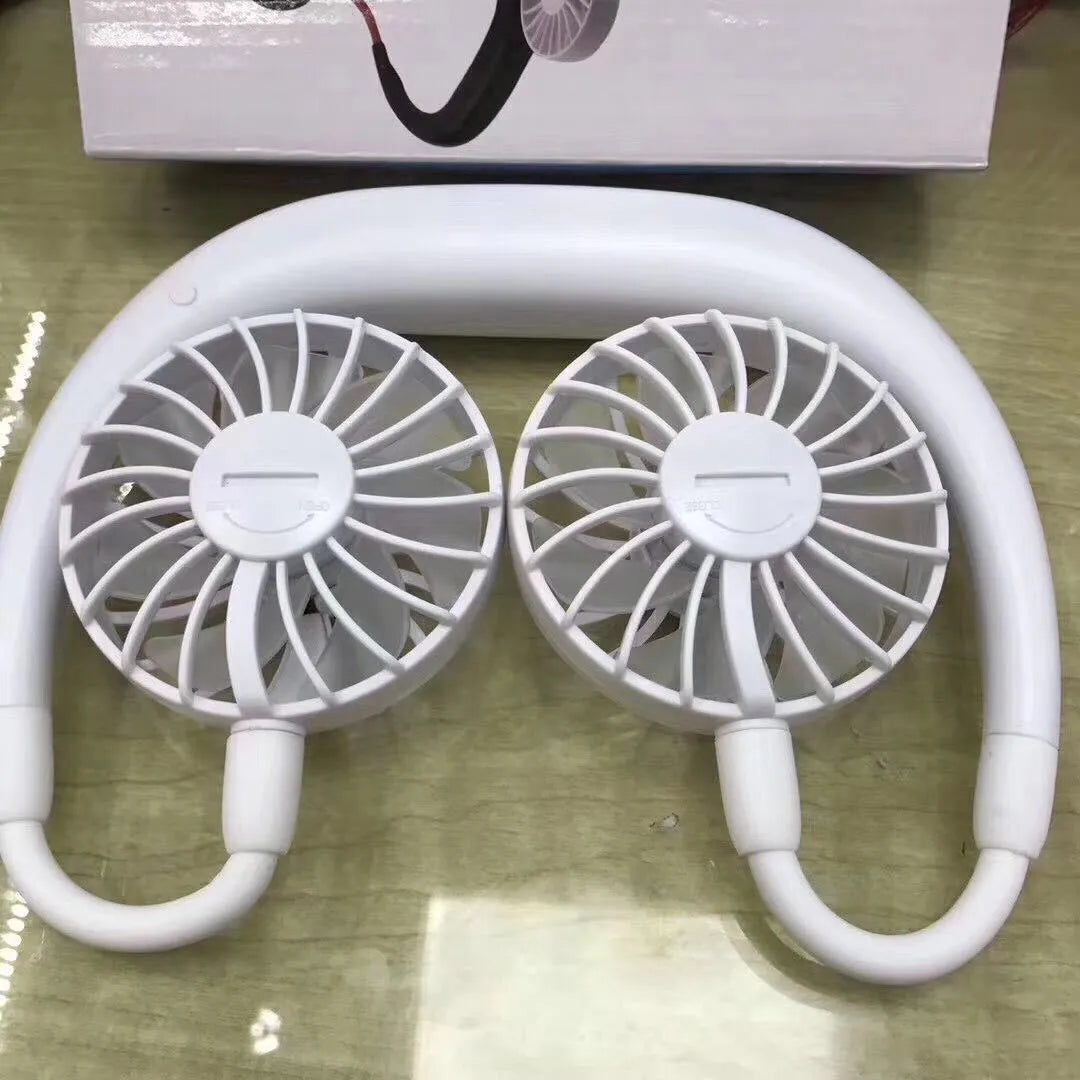 Charging portable hanging neck fan in pearl white with ABS body and silicone neck band