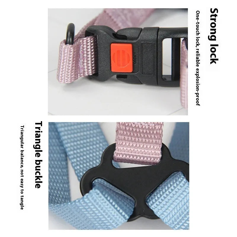 Nylon dog breast strap with hand holding rope in green blue colour on a white background