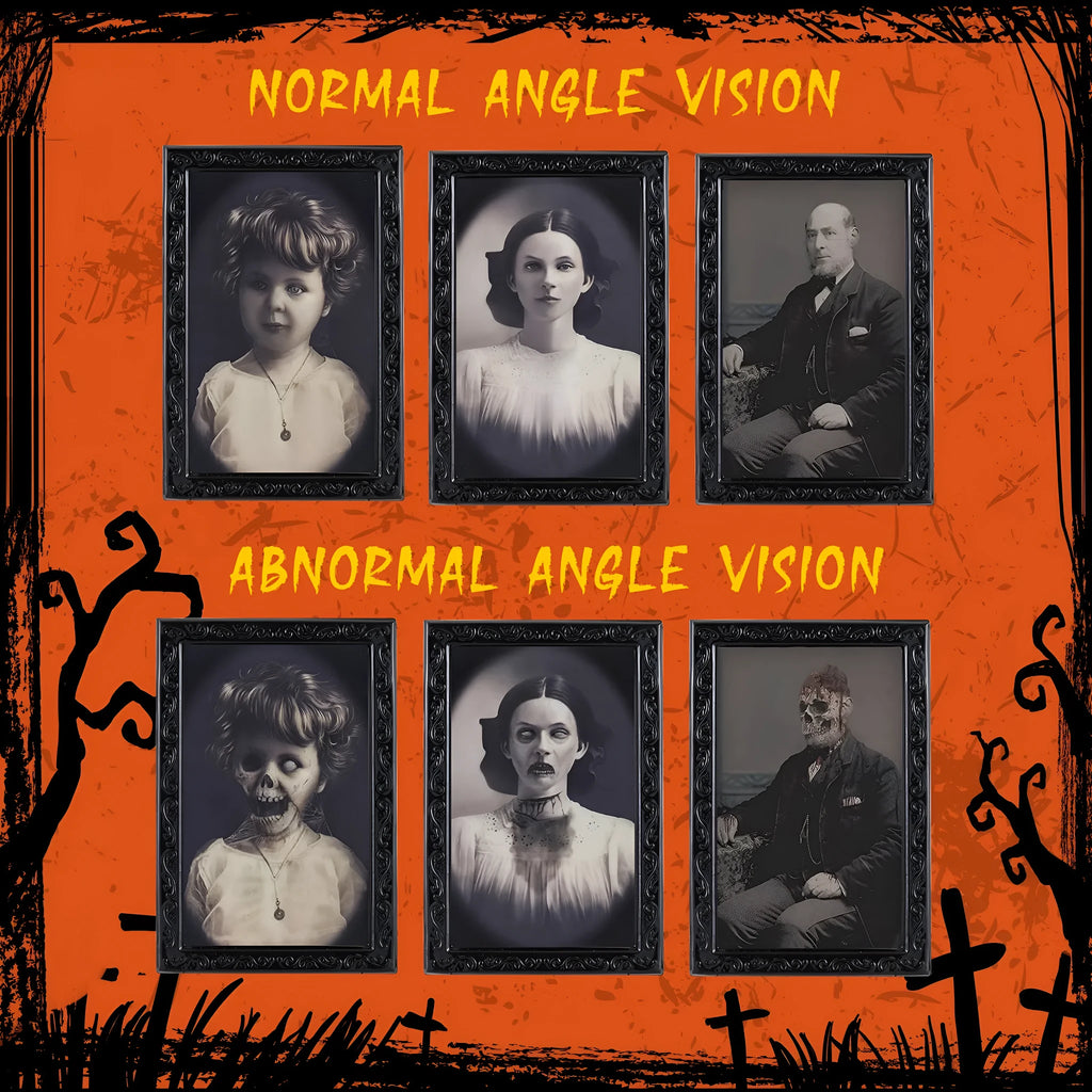 Halloween 3D changing face portrait frame showing hidden ghost reveal in retro black plastic frame