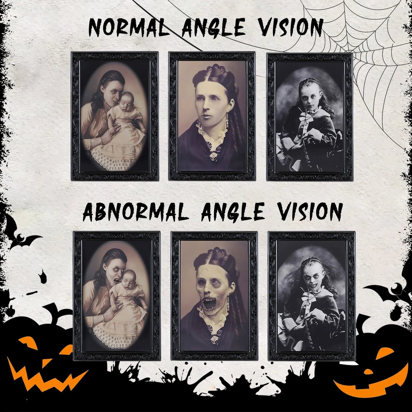 Haunting 3D portrait frame that transforms from normal to ghostly image, perfect for Halloween decor and horror-themed parties