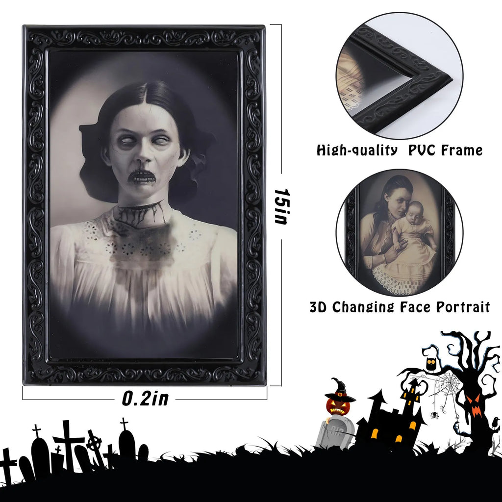 Halloween 3D changing face portrait frame showing hidden ghost reveal in retro black plastic frame