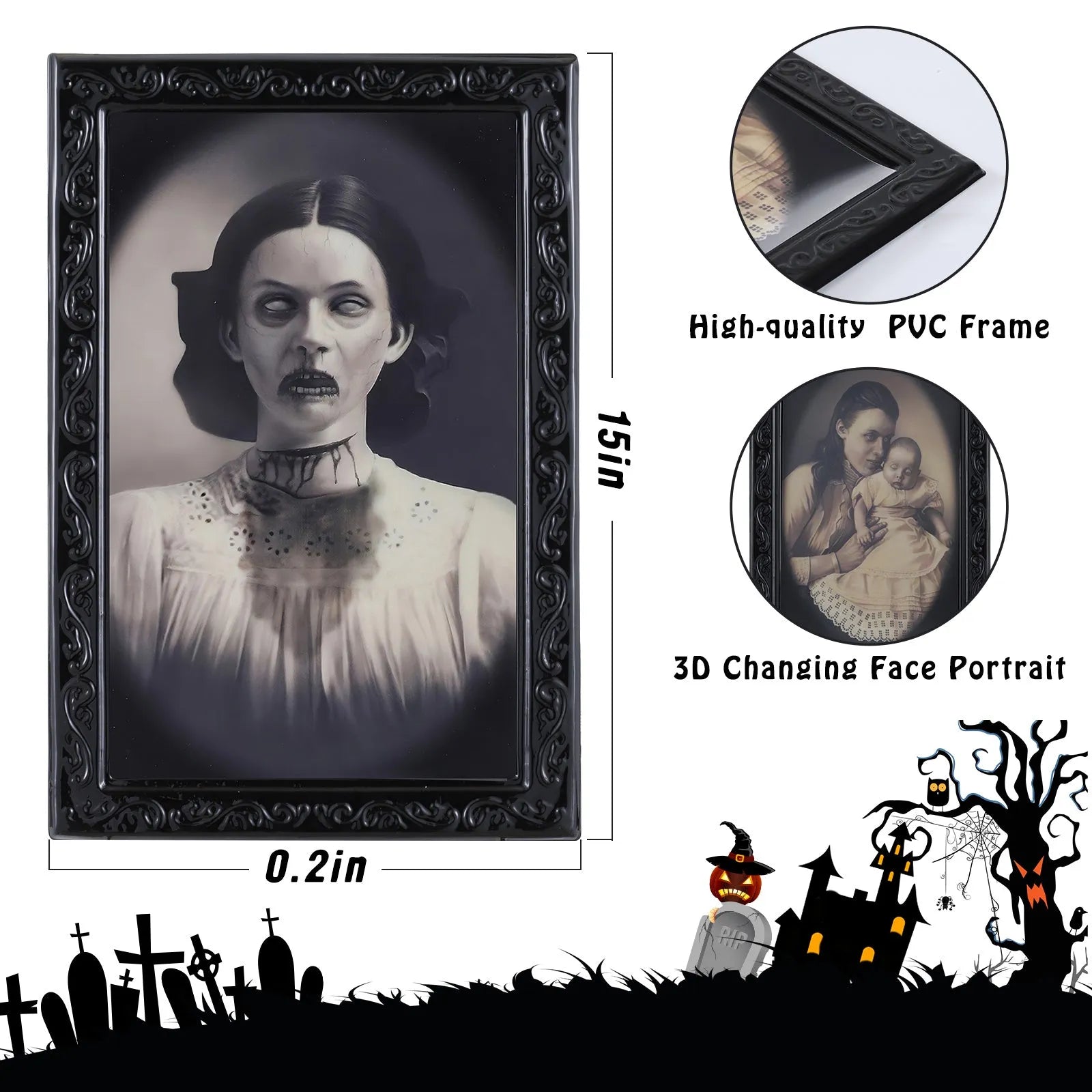 Halloween 3D changing face portrait frame showing hidden ghost reveal in retro black plastic frame