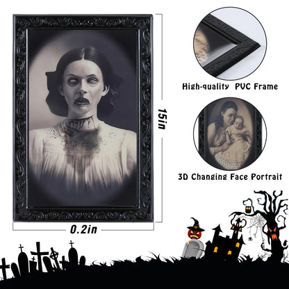 Haunting 3D portrait frame that transforms from normal to ghostly image, perfect for Halloween decor and horror-themed parties