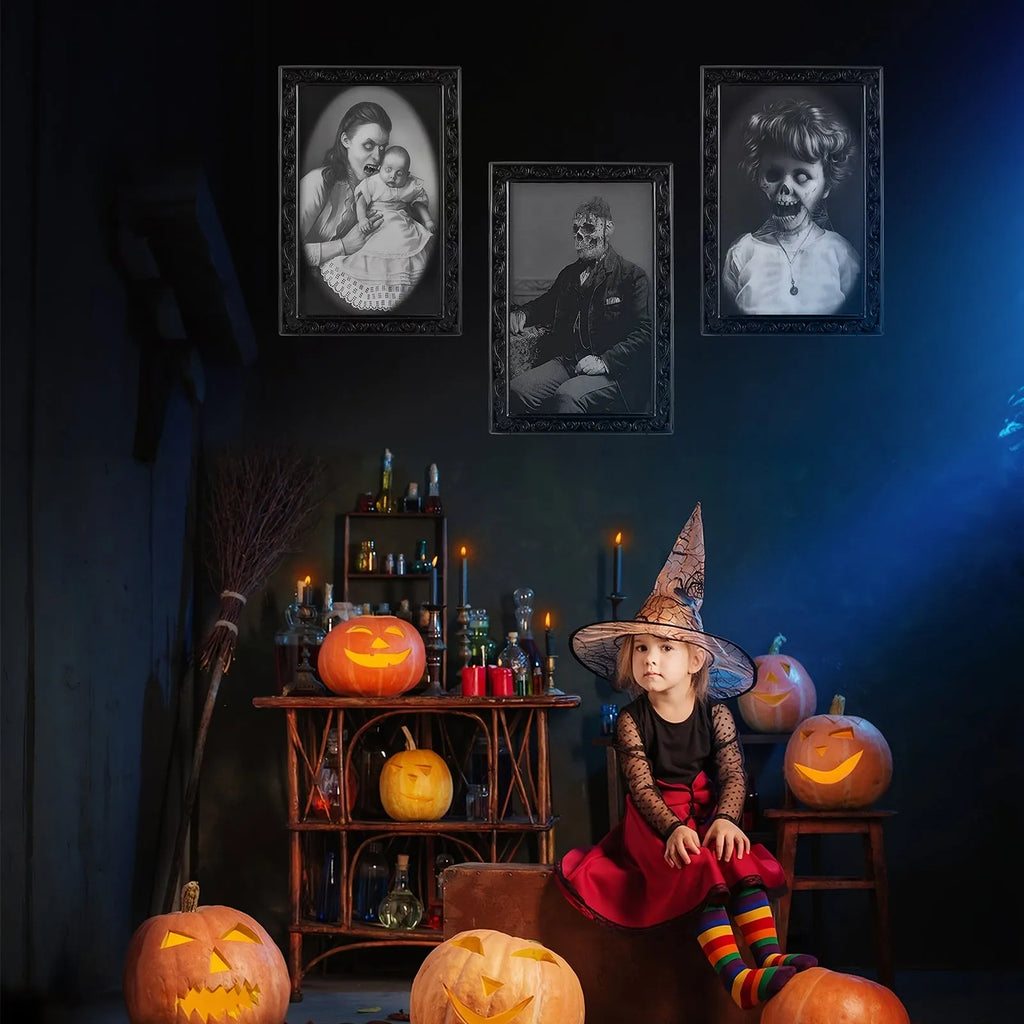 Halloween 3D changing face portrait frame showing hidden ghost reveal in retro black plastic frame