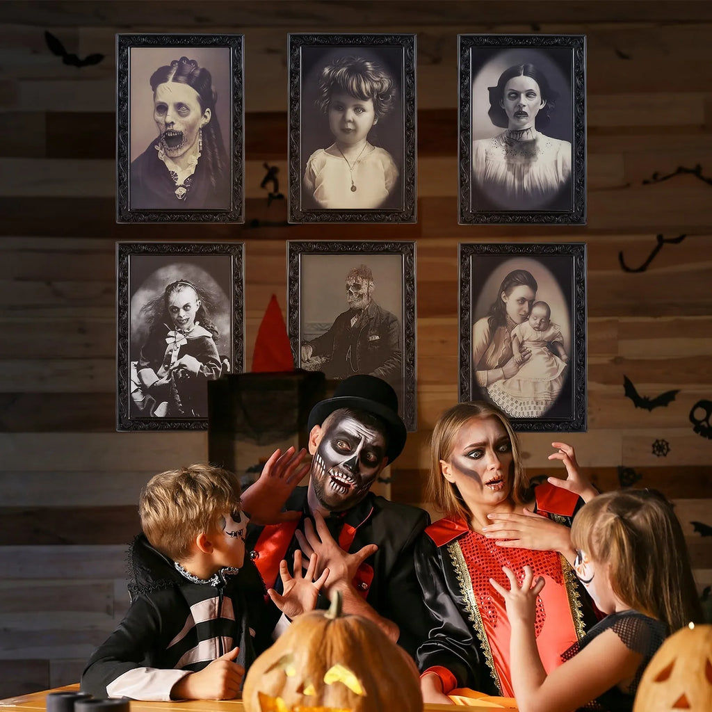 Halloween 3D changing face portrait frame showing hidden ghost reveal in retro black plastic frame