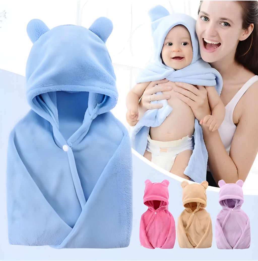 Cotton baby care hooded bath towel Tado muslin 65x110cm in blue, high water absorption multifunction blanket
