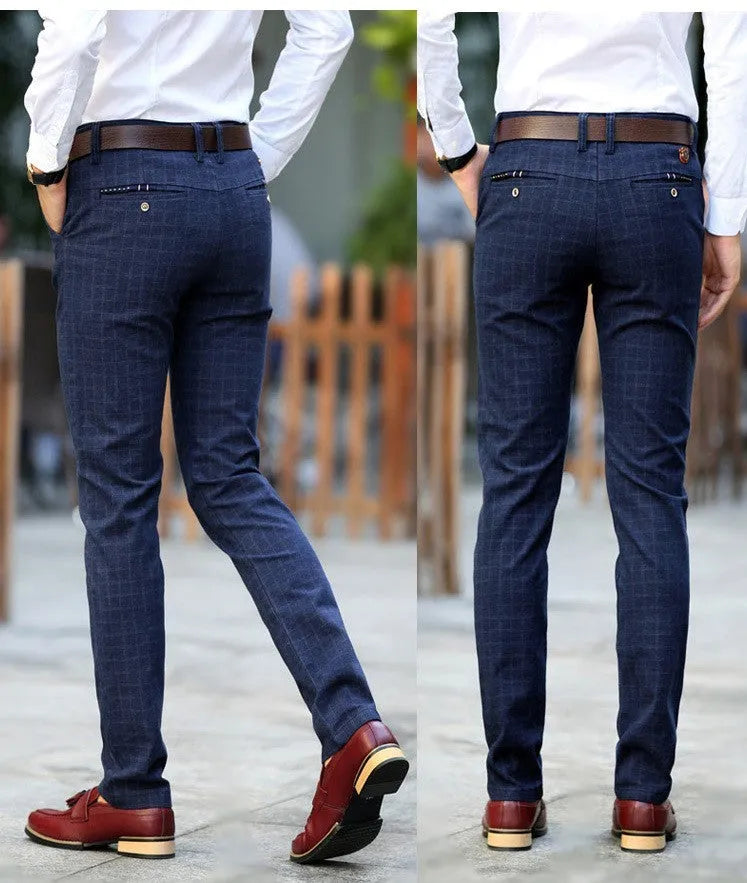 Men's plaid cotton and linen straight trousers in Black or Blue, Asian sizes 28 to 38, straight-leg cut.