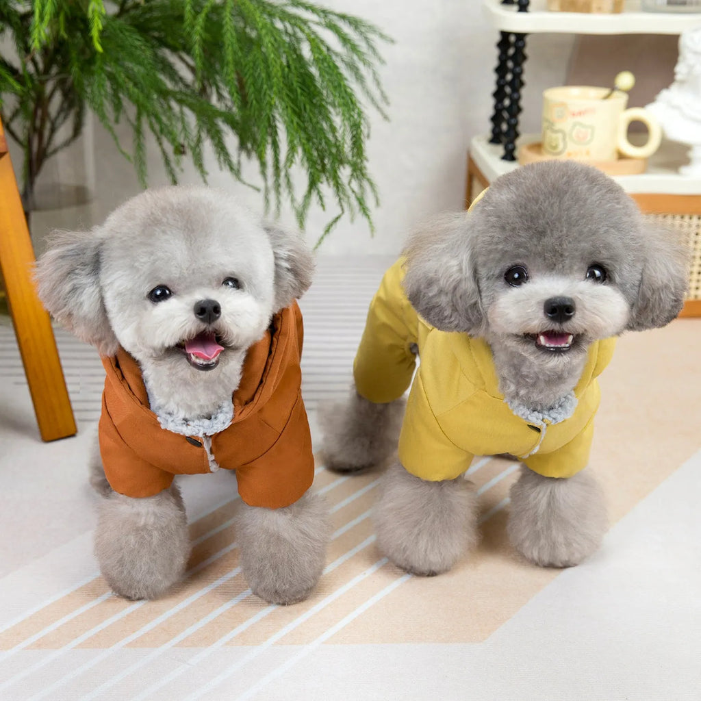 Casual polyester dog clothing in brown for autumn and winter wear, available in sizes S to XXL.