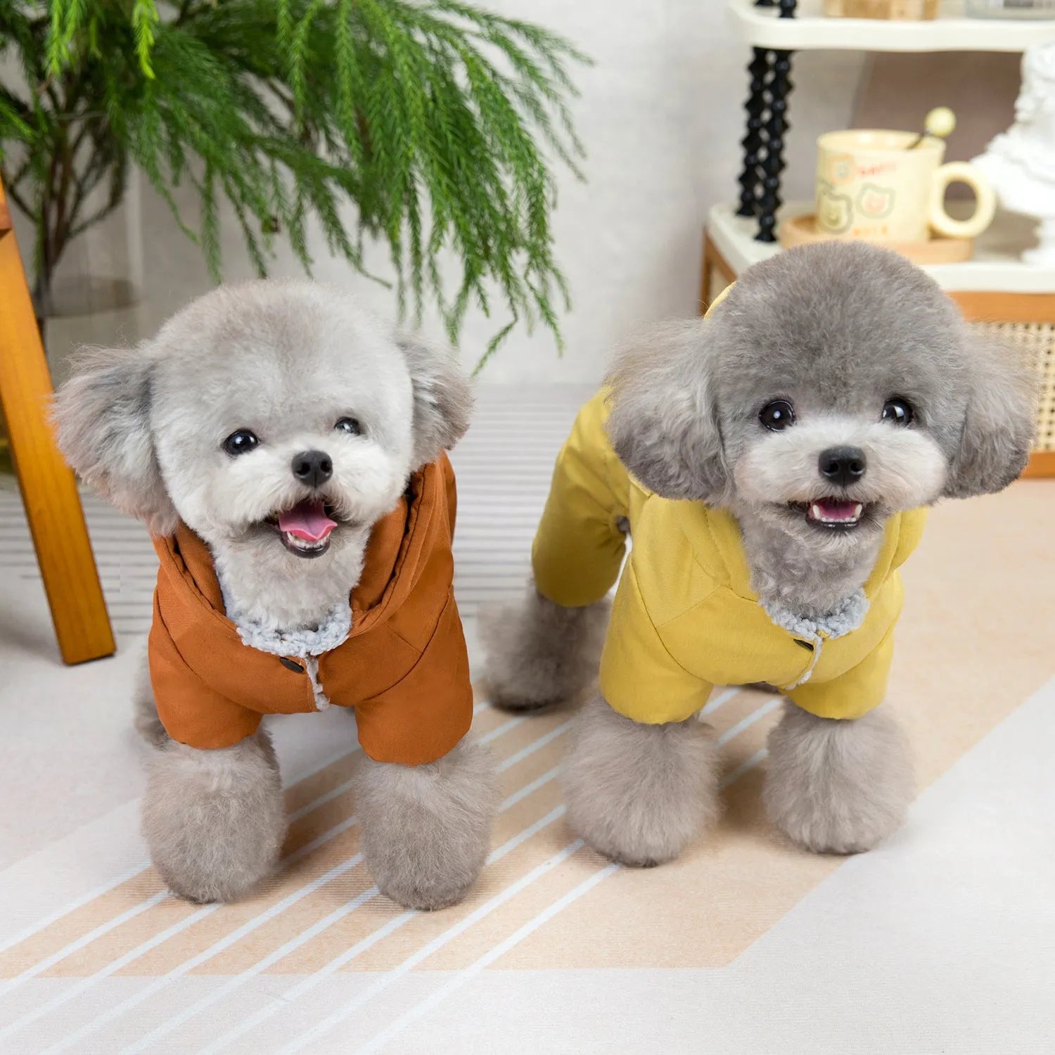 Casual polyester dog clothing in brown for autumn and winter wear, available in sizes S to XXL.