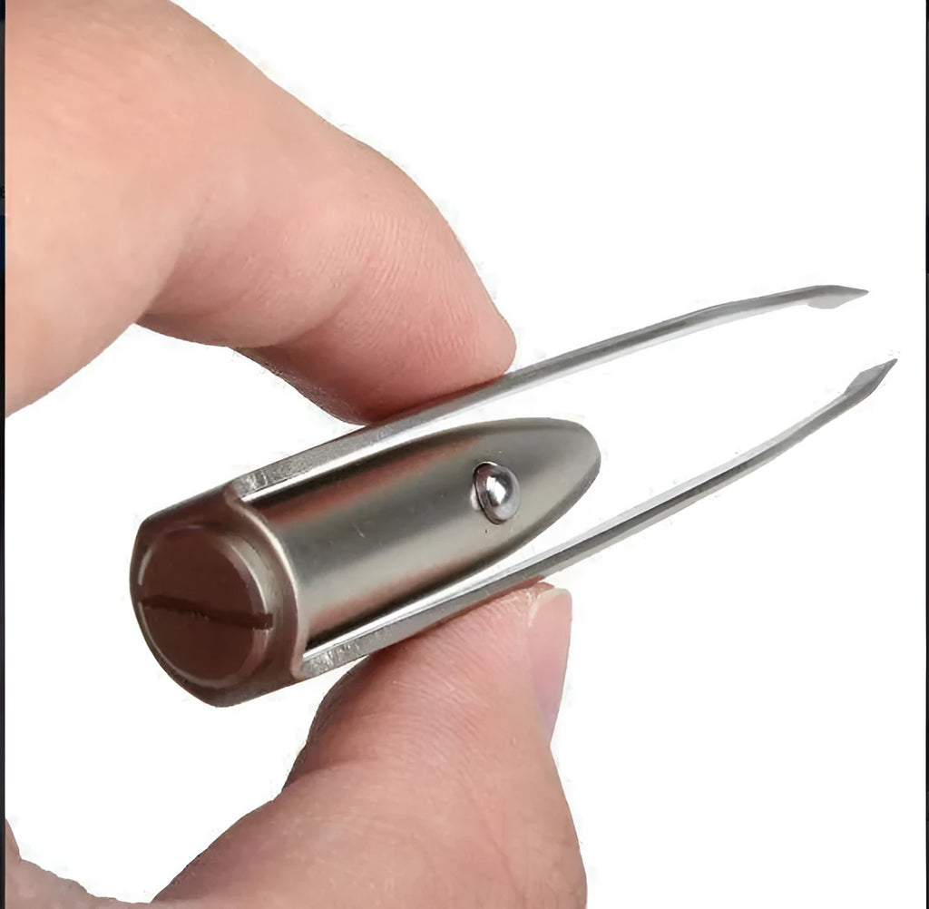 Stainless steel LED beauty tweezers with push-button switch and measurement showing 8.5 cm length.