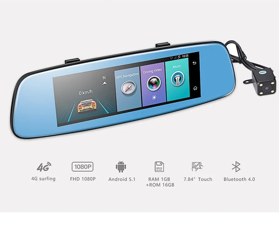 8-inch 4G Android cloud mirror driving recorder with 7.84 IPS touch screen displaying front camera view