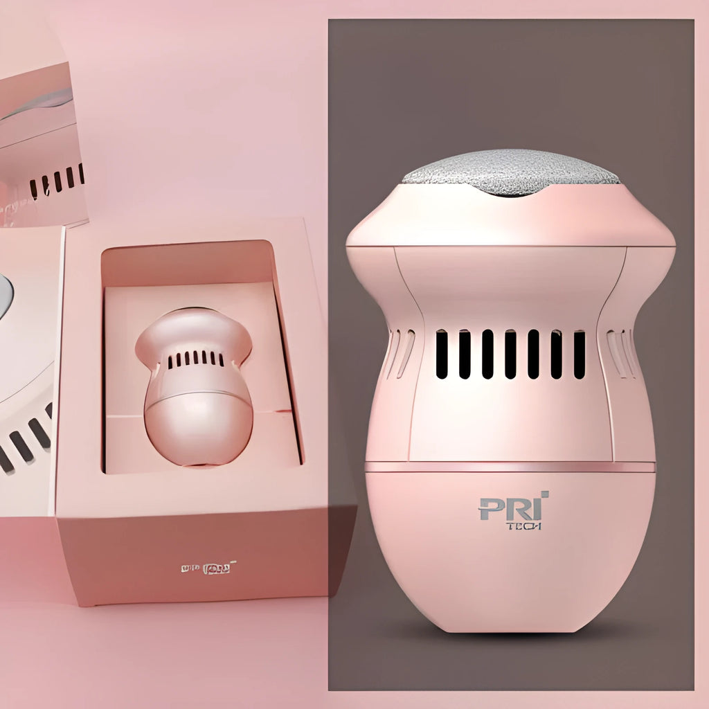 Beige and white USB-charged electric foot file grinder with vacuum system and two diamond grinding heads.