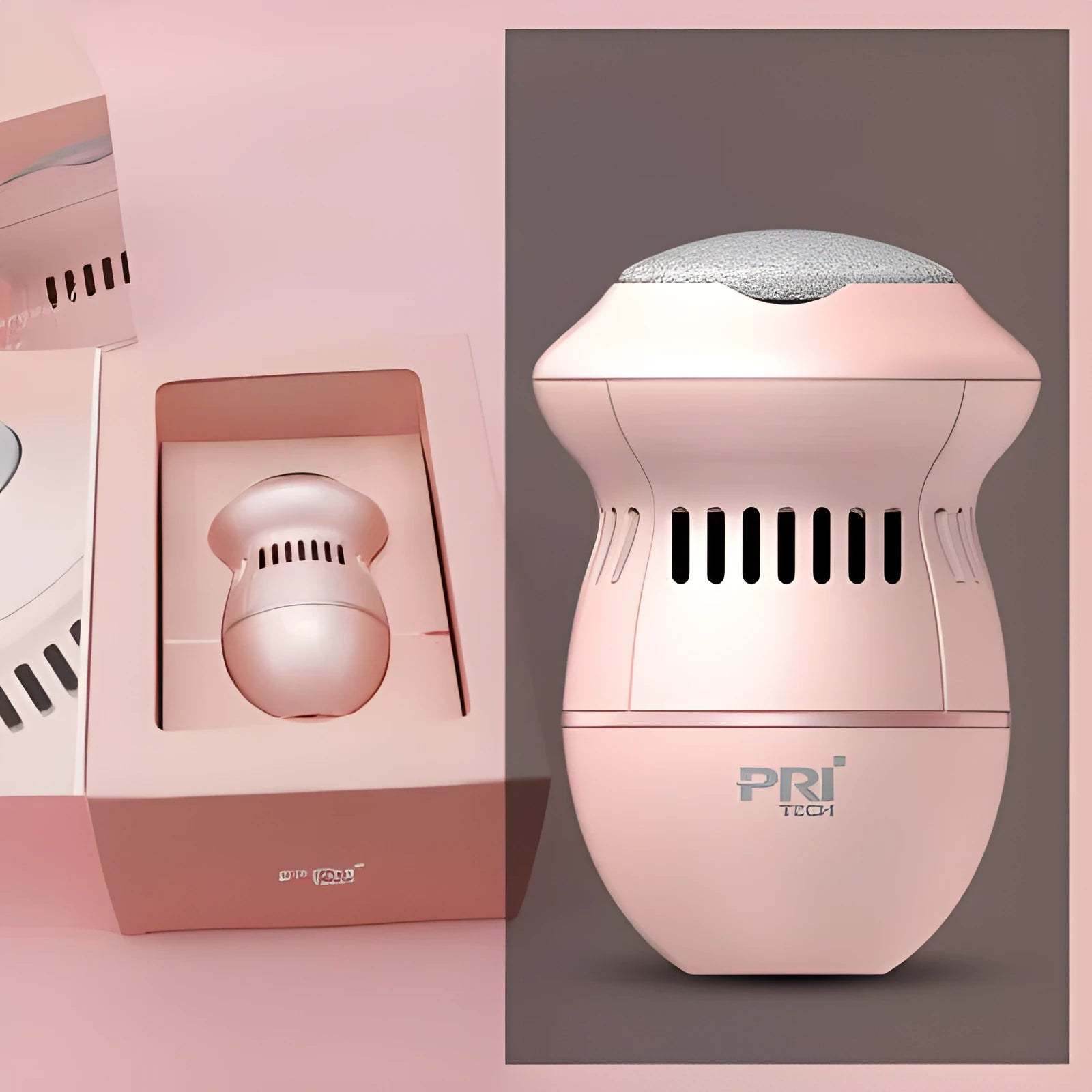 Beige and white USB-charged electric foot file grinder with vacuum system and two diamond grinding heads.
