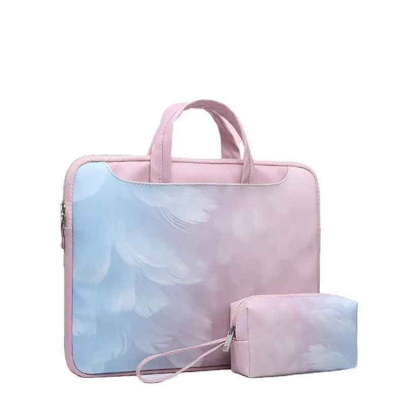 Huawei Glory mini shoulder computer bag in pink imitation leather with cartoon pattern and zipper pocket