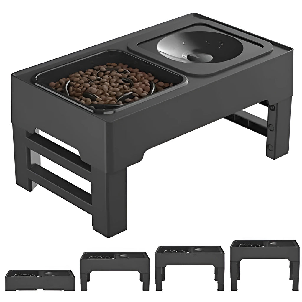 Adjustable elevated dog feeding stand with slow feeder bowl and water bowl on anti-skid legs.