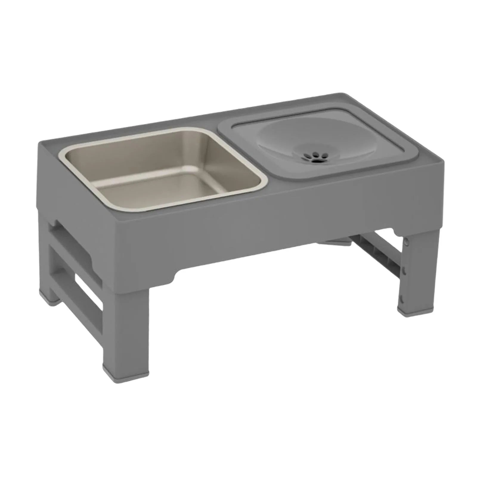 Adjustable elevated dog feeding stand with slow feeder bowl and water bowl on anti-skid legs.