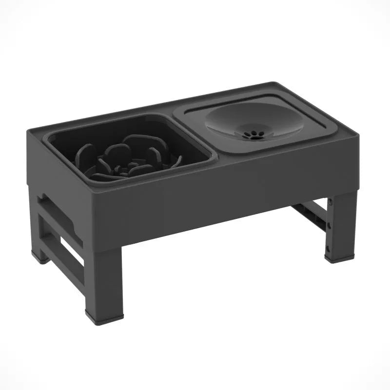 Adjustable elevated dog feeding stand with slow feeder bowl and water bowl on anti-skid legs.