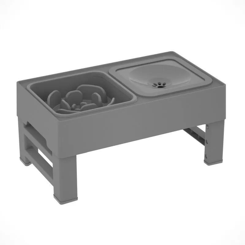Adjustable elevated dog feeding stand with slow feeder bowl and water bowl on anti-skid legs.