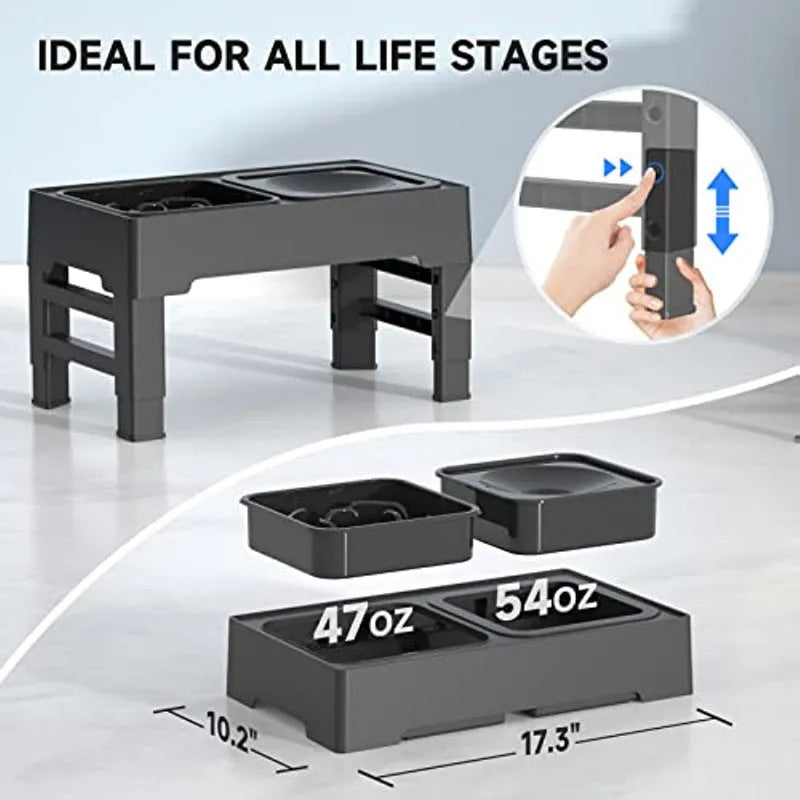 Adjustable elevated dog feeding stand with slow feeder bowl and water bowl on anti-skid legs.