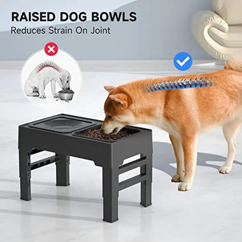 Adjustable elevated dog feeding stand with slow feeder bowl and water bowl on anti-skid legs.