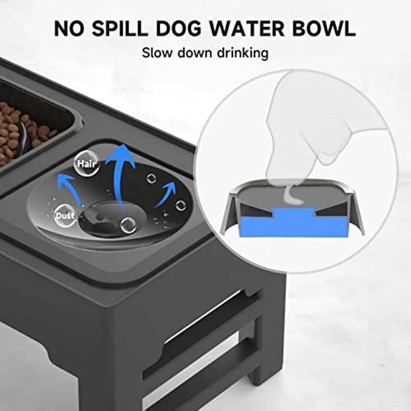 Adjustable elevated dog feeding stand with slow feeder bowl and water bowl on anti-skid legs.